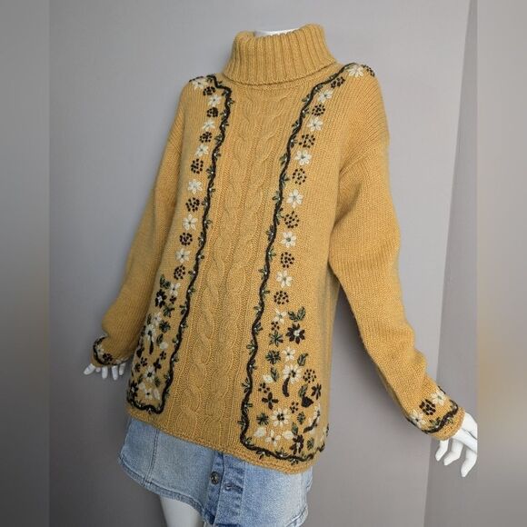 Women's cable knit wool turtle neck embroidered flowers Point Zero 90s M - Picture 1 of 10